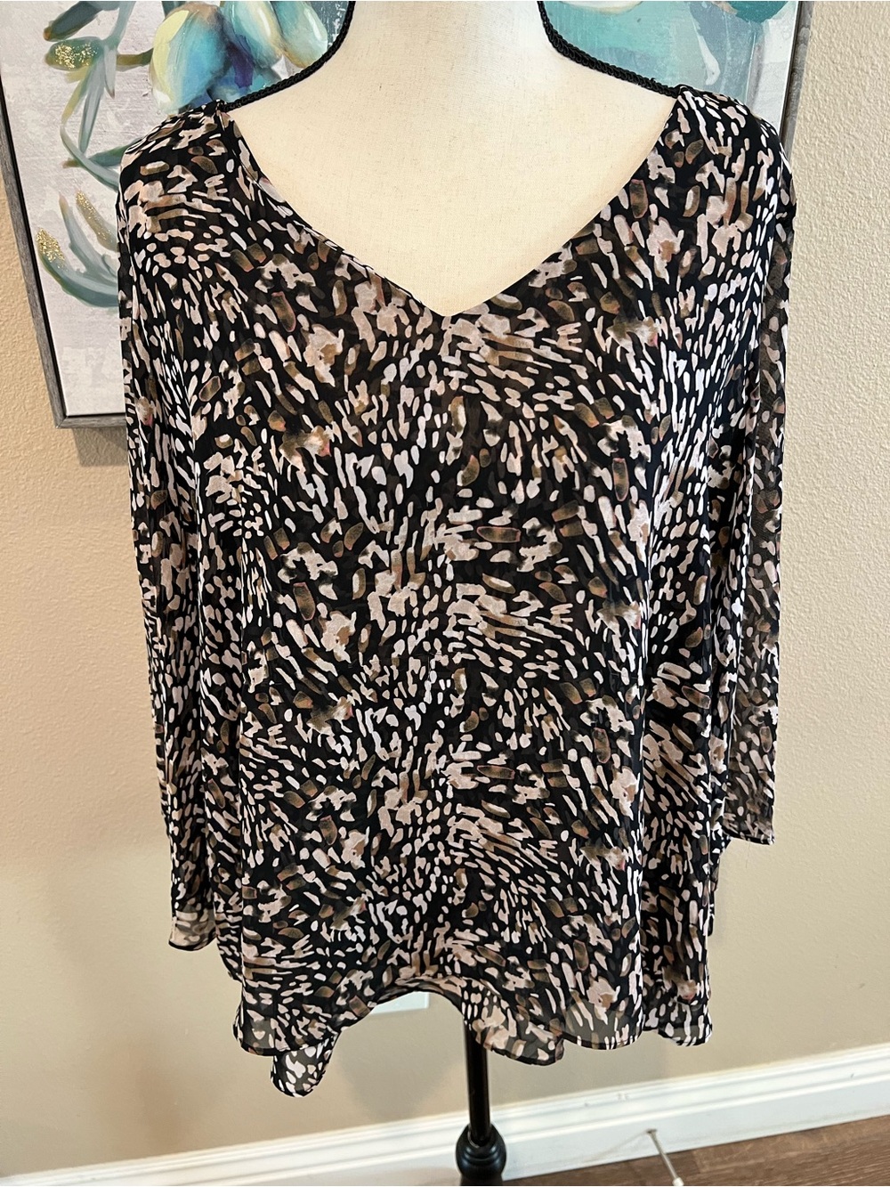 Jennifer Lopez Black Tunic with Taupe and Cream Abstract Print
